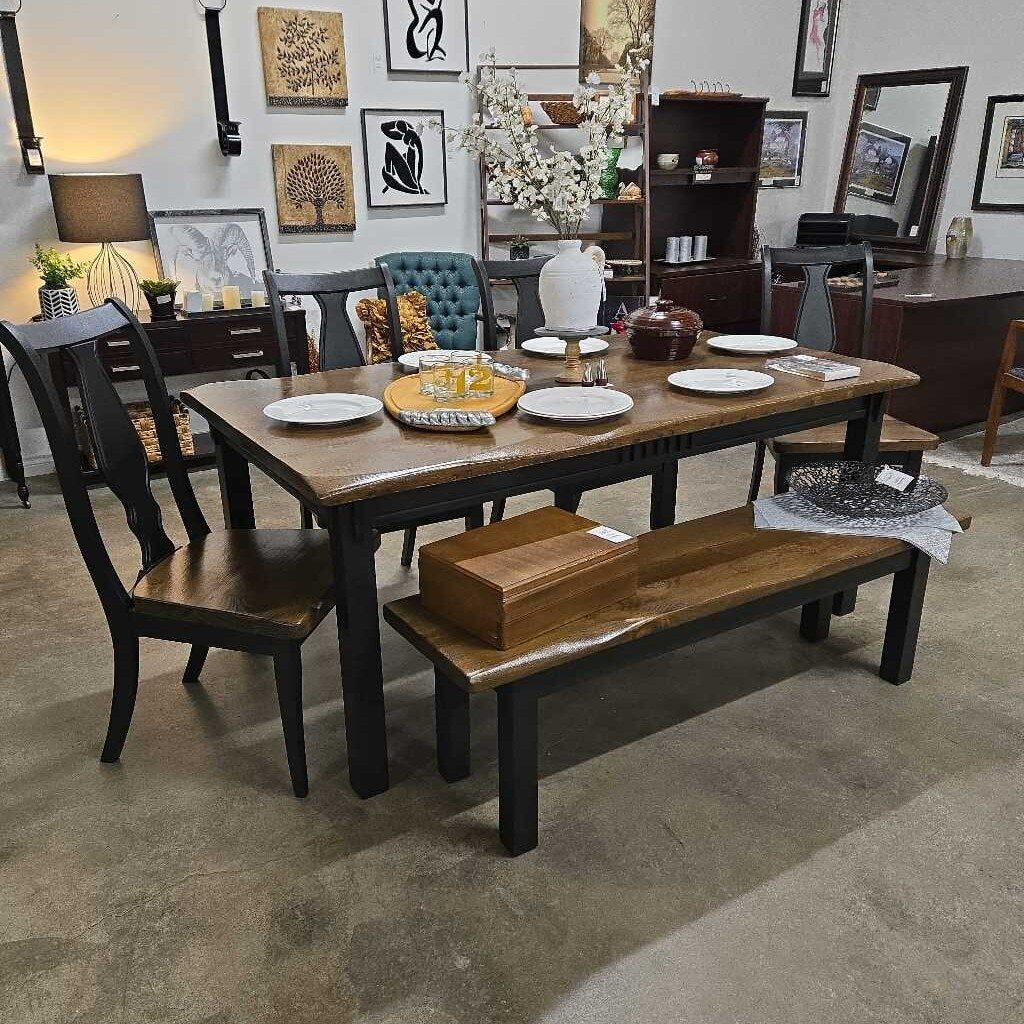 NEWLY MADE DINING TABLE, 4 CHAIRS & BENCH