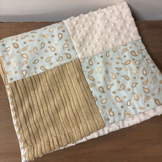 Sensory Patchwork Blanket cotton prints and Minky in shades of tan, cream and mint 28"x 34"