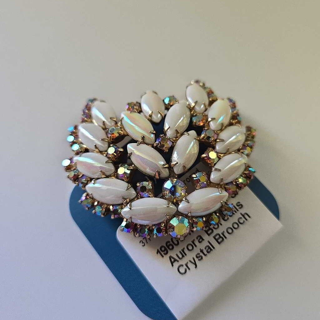 1960s Milkglass & Aurora Borealis Crystal Brooch