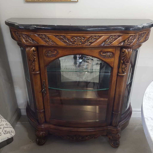 CHERRY WOOD DISPLAY CABINET - MARBLE TOP