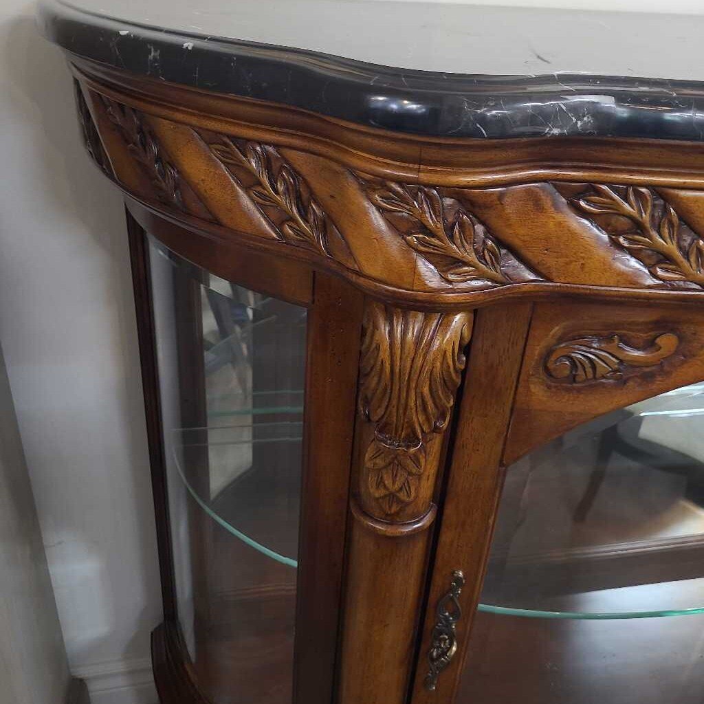 CHERRY WOOD DISPLAY CABINET - MARBLE TOP