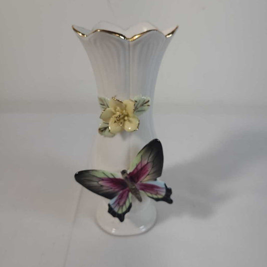 VTG PORCELAIN BUD VASE W/ FLOWER & BUTTERFLY