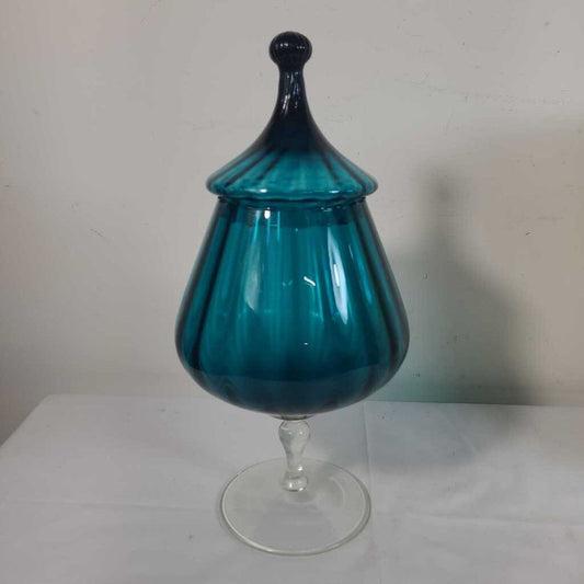 TEAL CIRCUS TENT GLASS LIDDED APOTHECARY