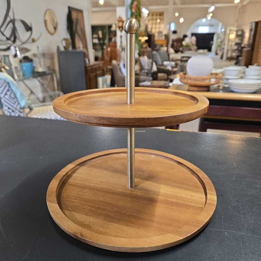 2 TIER WOOD & GOLD TRAY