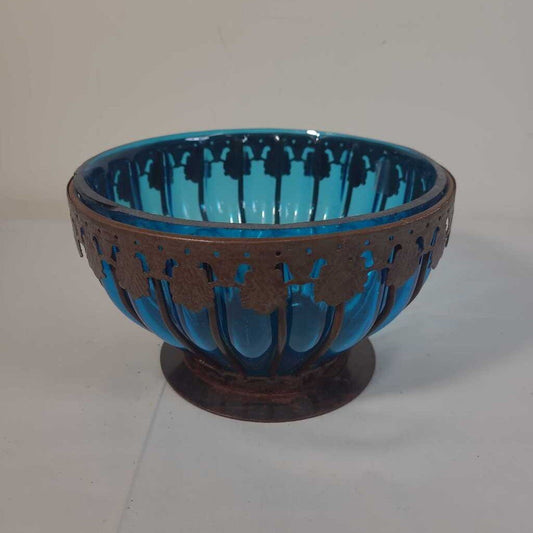 BLUE GLASS BOWL IN METAL HOLDER
