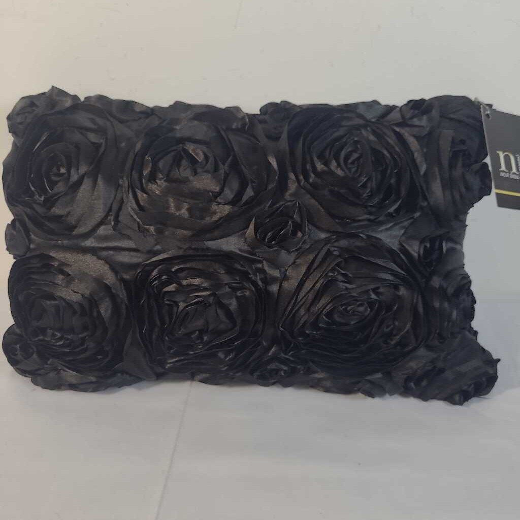BLACK SATIN LUMBAR PILLOW WITH ROSE DETAIL