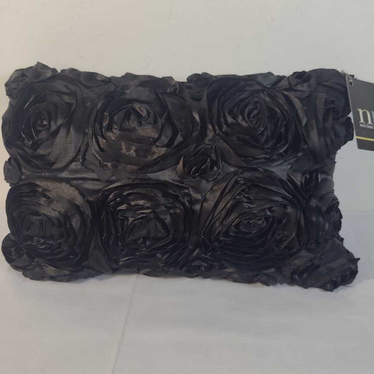 BLACK SATIN LUMBAR PILLOW WITH ROSE DETAIL