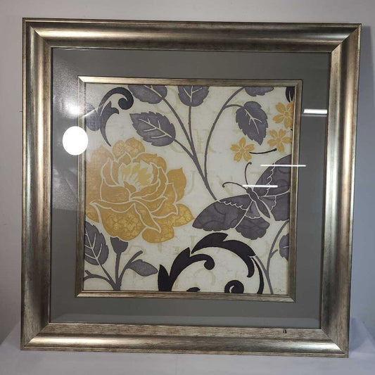 GOLD FRAME GREY/ YELLOW FLOWER & BUTTERFLY