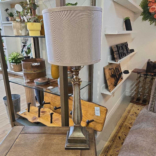 GOLD/SILVER TABLE LAMP W/TAUPE SHADE