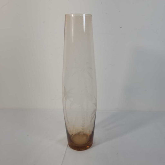 PEACH GLASS VASE W/ ETCHED PALM TREES