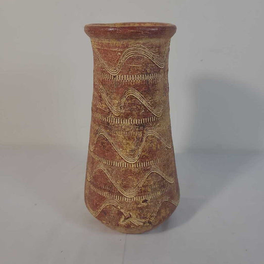 RED/ TAUPE CERAMIC VASE W/ WAVEY LINES