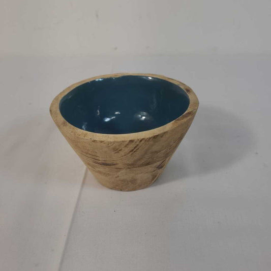 WOOD BOWL W/ BLUE GLAZE INSIDE
