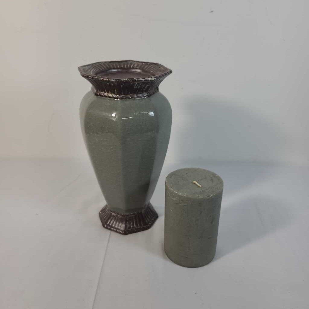 GREEN/BROWNCERAMIC CANDLE HOLDER W/ CANDLE