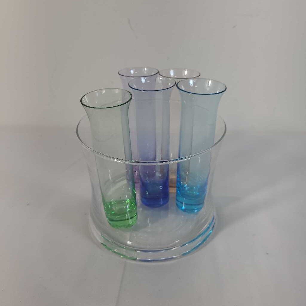 S/5 COLOURED CRYSTAL SHOT GLASSES & ICE BUCKET