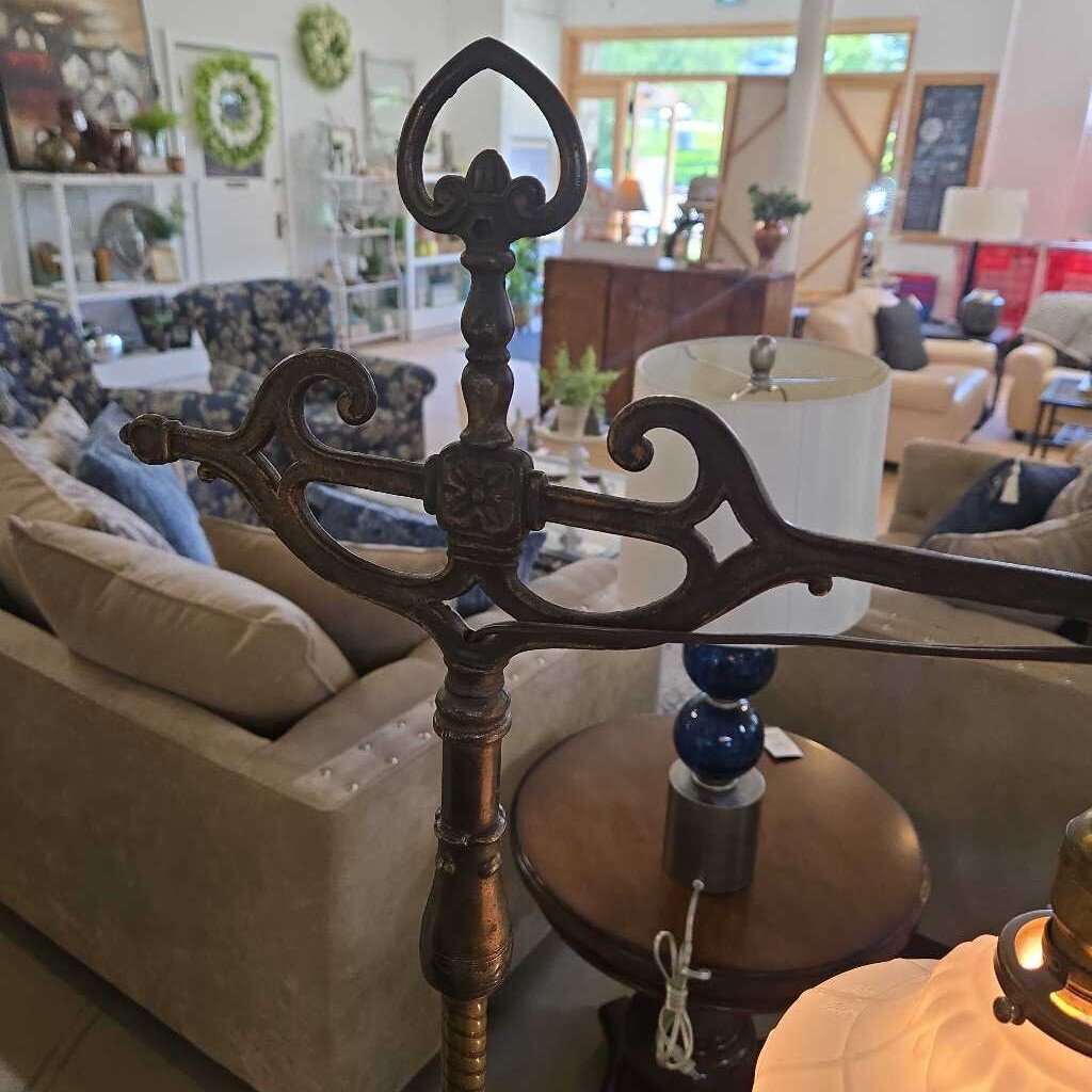 ANTIQUE BRASS & MILK GLASS FLOOR LAMP