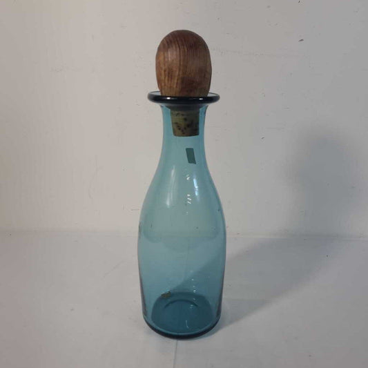 VTG BLUE GLASS BOTTLE W/WOODEN STOPPER