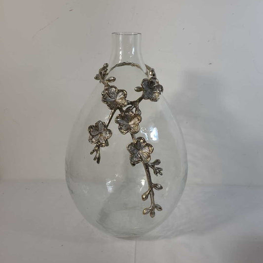 DIMPLED GLASS VASE W/FLORAL DECOR