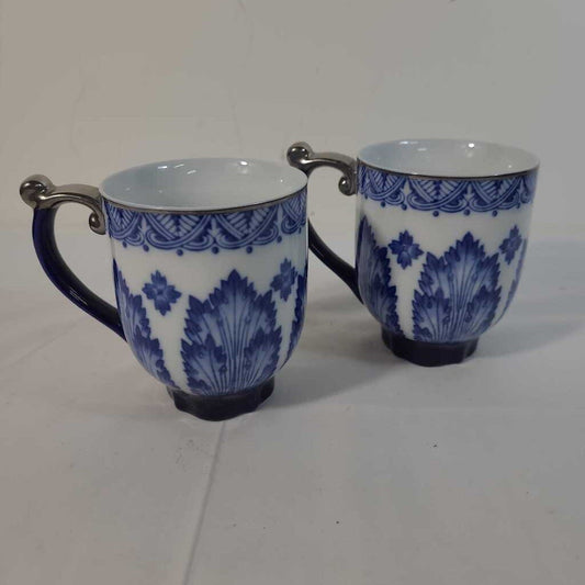 PR BLUE & WHITE MUGS W/ SILVER HANDLES