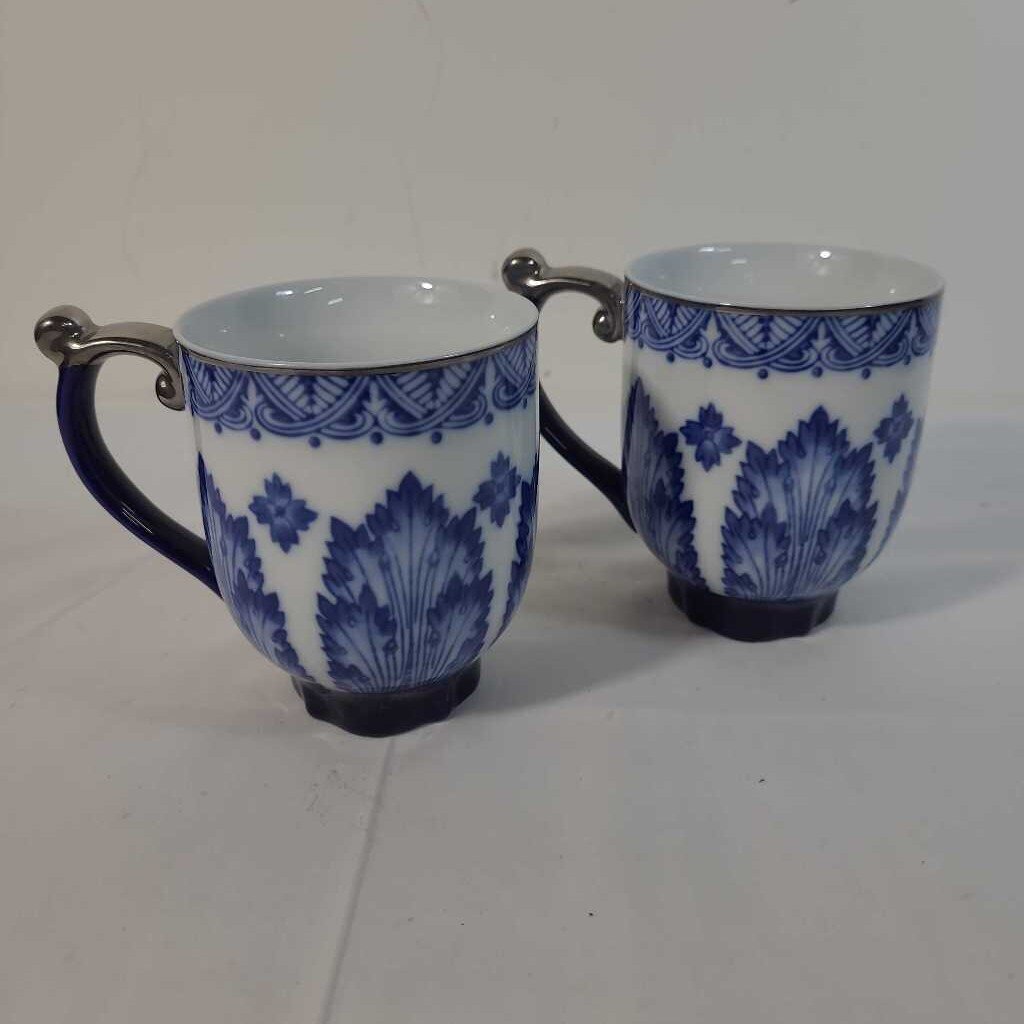 PR BLUE & WHITE MUGS W/ SILVER HANDLES
