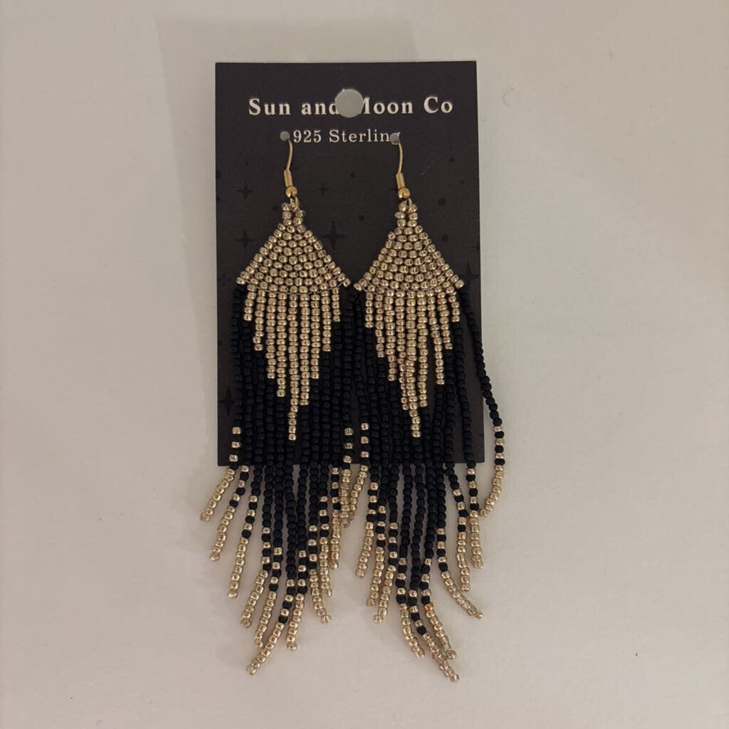 Gothic Style Handwoven Bead Tassel Earrings Black Golden Gradient