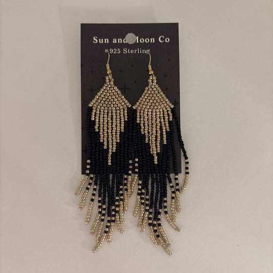 Gothic Style Handwoven Bead Tassel Earrings Black Golden Gradient