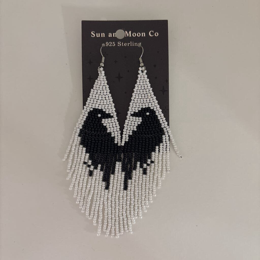Handmade Black and White Crow Earrings