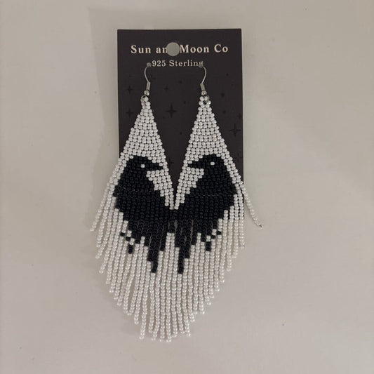 Handmade Black and White Crow Earrings