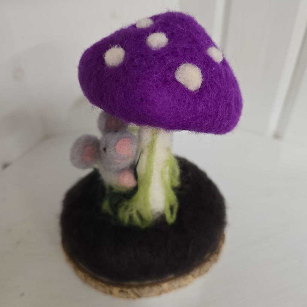 Handmade Felted Wool Decor Grey Mouse Purple Mushroom