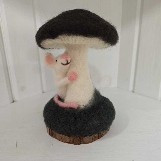 Handmade Felted Wool Decor White Mouse Brown Mushroom