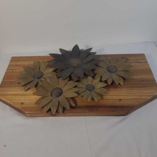 METAL FLOWERS ON WOOD SLAB