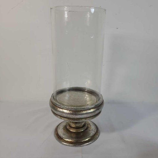 LG SILVER/GOLD CANDLE HOLDER W/GLASS HURRICANE