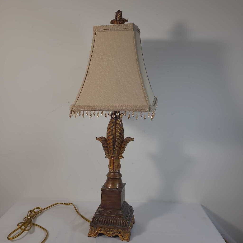 GOLD LAMP W/BEADED SHADE