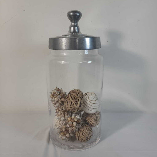 LIDDED GLASS CONSTAINER W/DECORATIVE BALLS