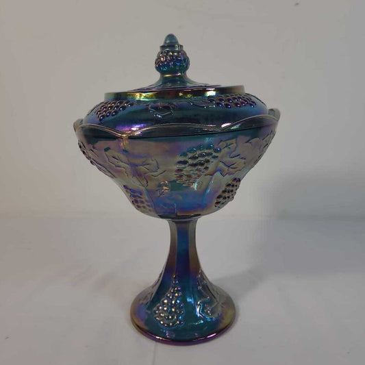 VTG PEACOCK BLUE CARNIVAL GLASS CANDY DISH