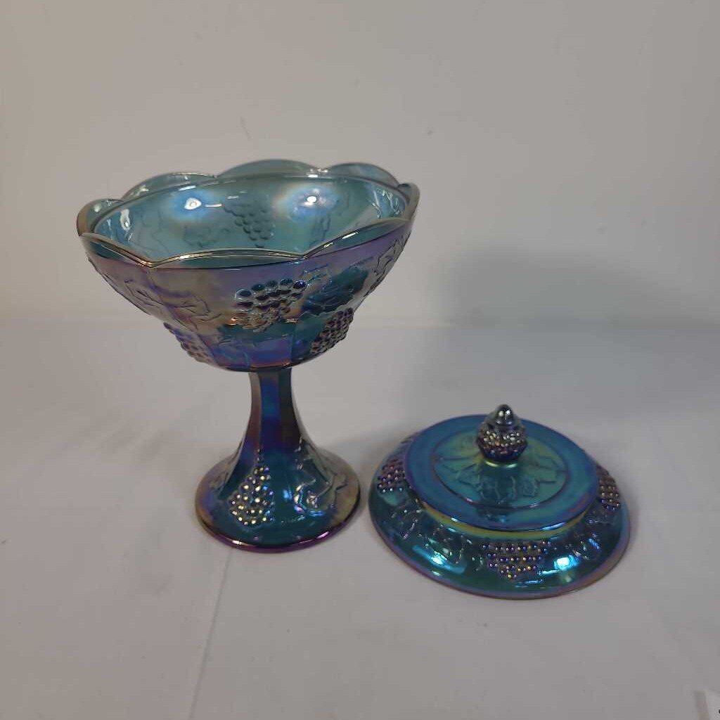 VTG PEACOCK BLUE CARNIVAL GLASS CANDY DISH
