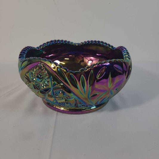 PURPLE BLAZE SAWTOOTH RIM CARNIVAL GLASS BOWL