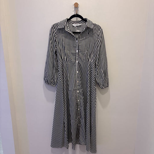 Black & White Striped Long-Sleeve Midi Shirt Dress
