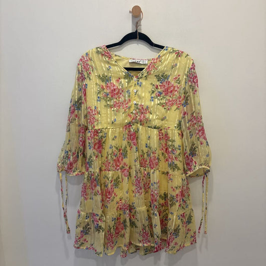 Yellow Floral Metallic Pinstripe Mini Dress