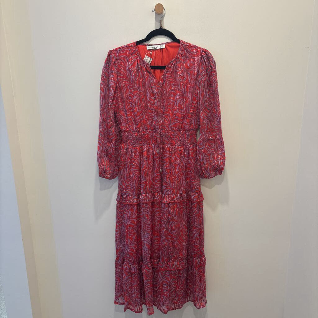 Coral Pink & Red Metallic Shimmer Maxi Dress