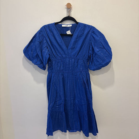 Royal Blue Metallic Pinstripe Puff-Sleeve Dress