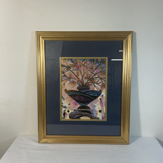 GOLD FRAMED GOLD & PINK FLOWERS IN BLUE BOWL