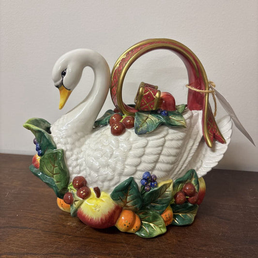 PORCELAIN SWAN TEAPOT FITZ & FLOYD 1990'S COLLECTIBLE