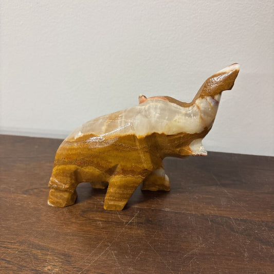 HAND CRAVED ELEPHANT ONYX STONE TRUNK UP GOOD LUCK