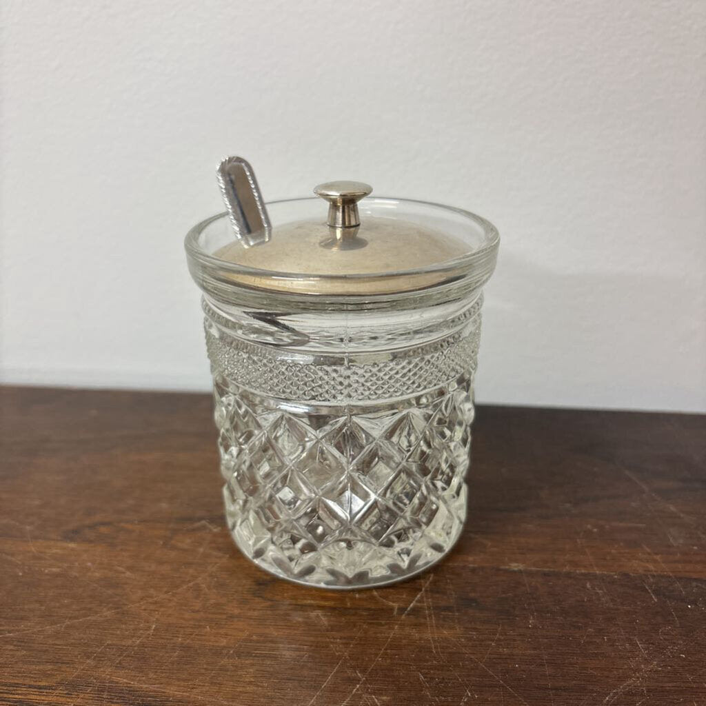 CONDIMENT PRESSED GLASS JAR "WEXFORD" PATTERN BY ANCHOR HOCKING 1970-80'S