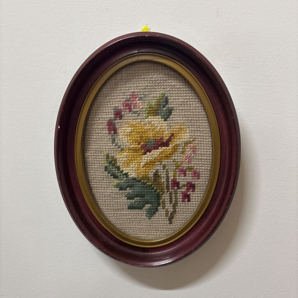 FLORAL NEEDLEPOINT FRAMED CENTRAL YELLOW FLOWER