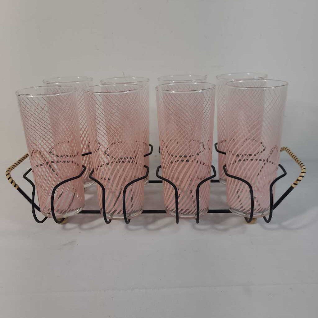 S/8 PINK SWIRL GLASSES IN A BLAK METAL CARRIER