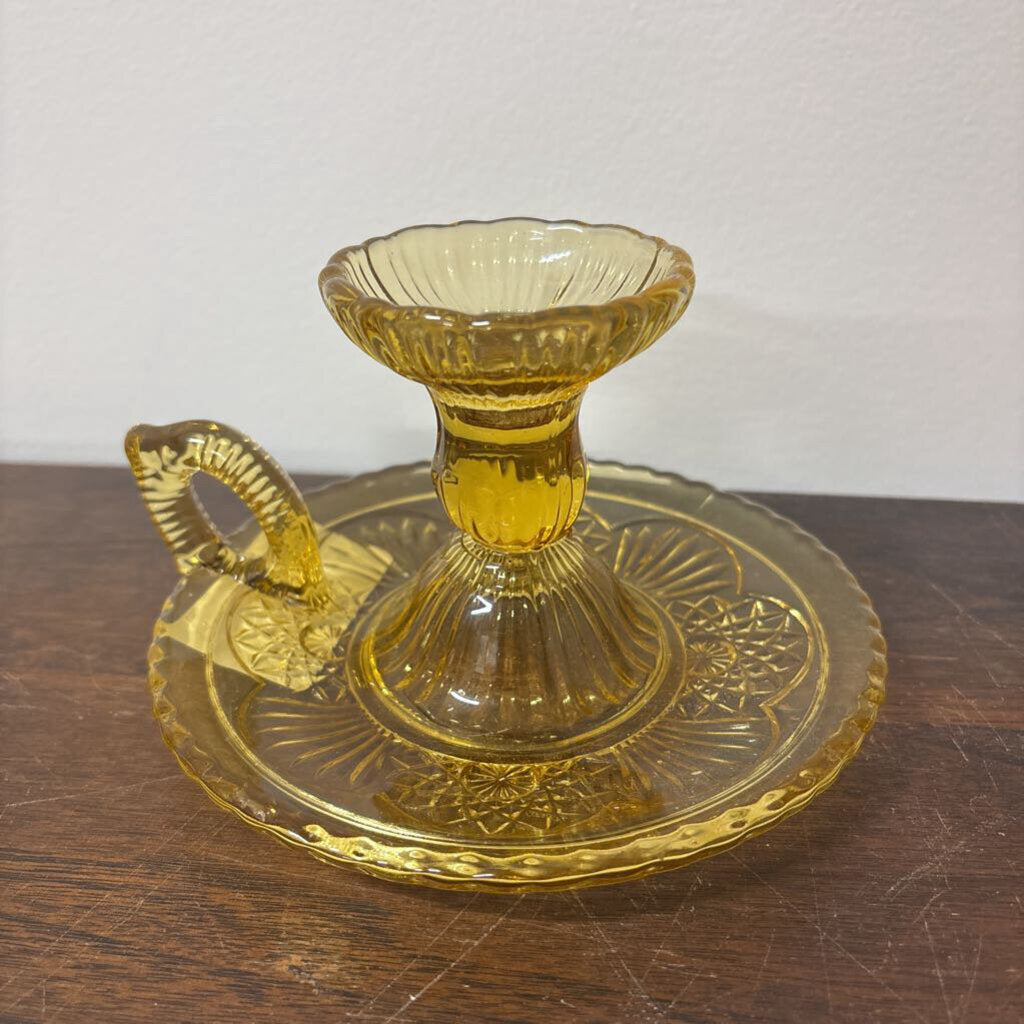 CHAMBER STICK OR FINGERLOOP CANDLE HOLDER PRESSED AMBER GLASS POLISH DESIGN 1960'S