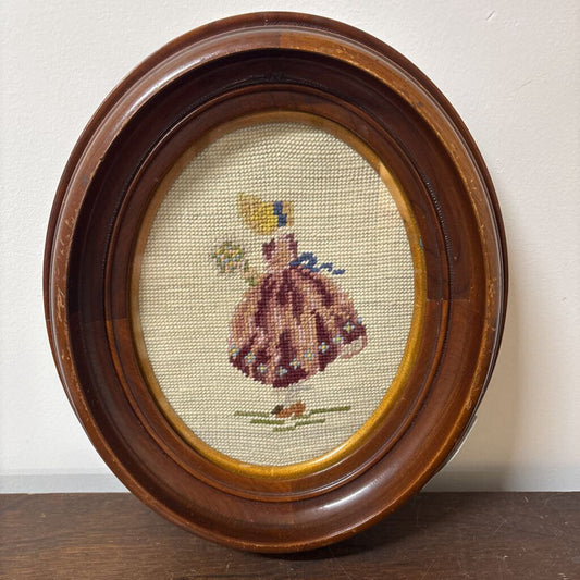 FRAMED NEEDLEPOINT VICTORIAN STYLE LADY WITH BONNET AND FLOWERS