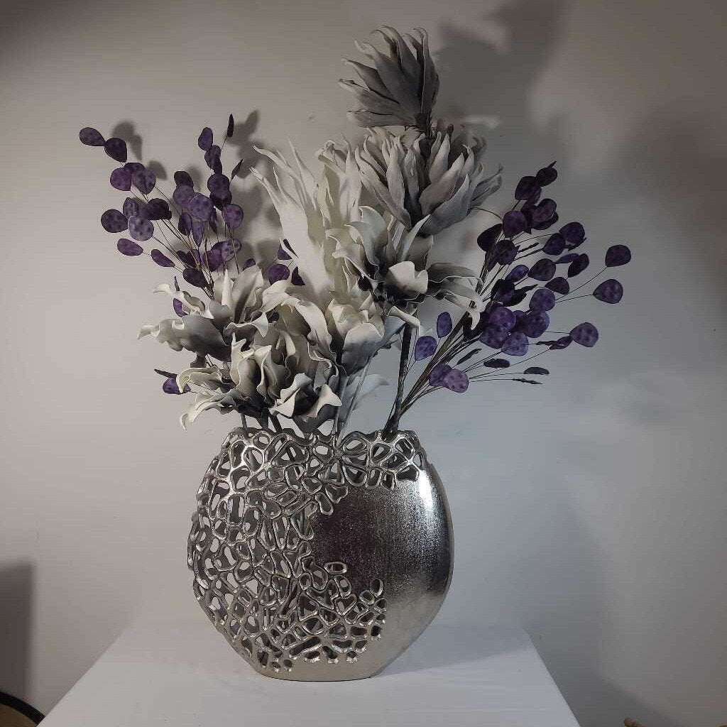 LG SILVER VASE W/PURPLE, GREY & WHITE FLORAL