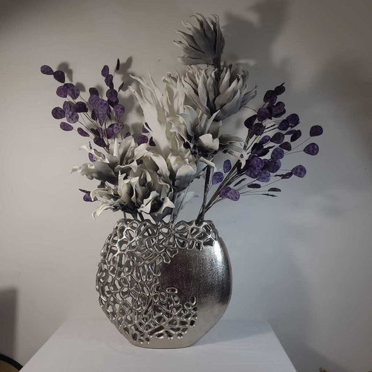 LG SILVER VASE W/PURPLE, GREY & WHITE FLORAL